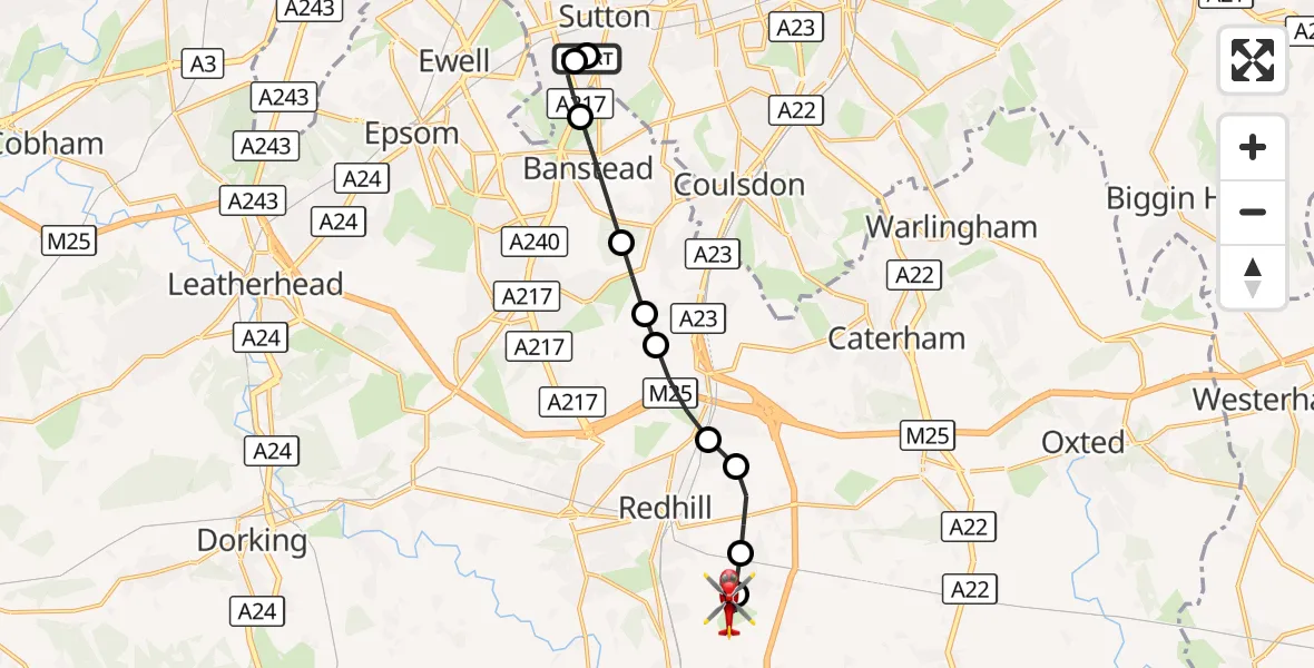 Flight route Air Ambulance Helicopter Sutton - Redhill Aerodrome, 30 September 2026, 17:38
