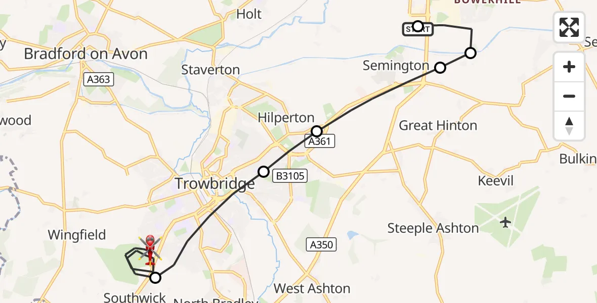 Flight route Air Ambulance Helicopter Wiltshire Air Ambulance - Southwick, 30 September 2026, 17:48