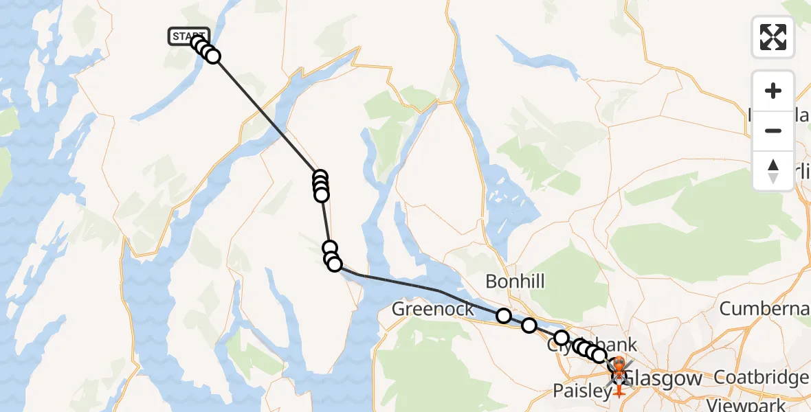 Flight route Coastguard Helicopter Argyll and Bute - Queen Elizabeth Hospital, 30 September 2026, 17:55