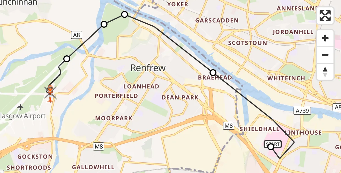 Flight route Coastguard Helicopter Queen Elizabeth Hospital - Glasgow Airport, 30 September 2026, 18:22