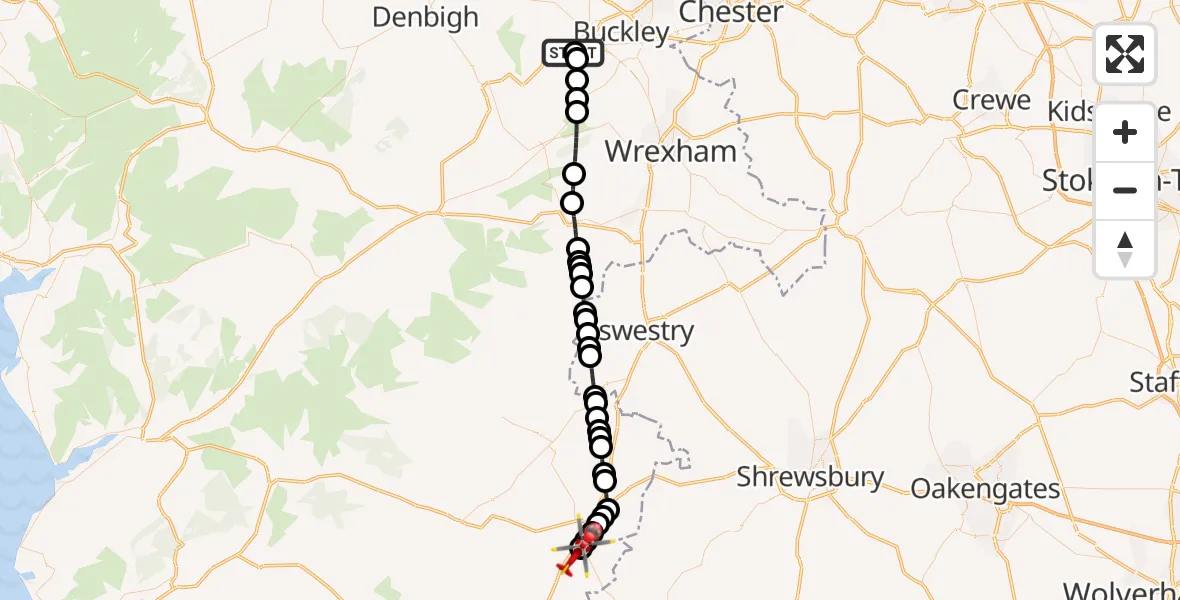 Flight route Air Ambulance Helicopter Gwernymynydd - Welshpool Airport, 30 September 2026, 18:24