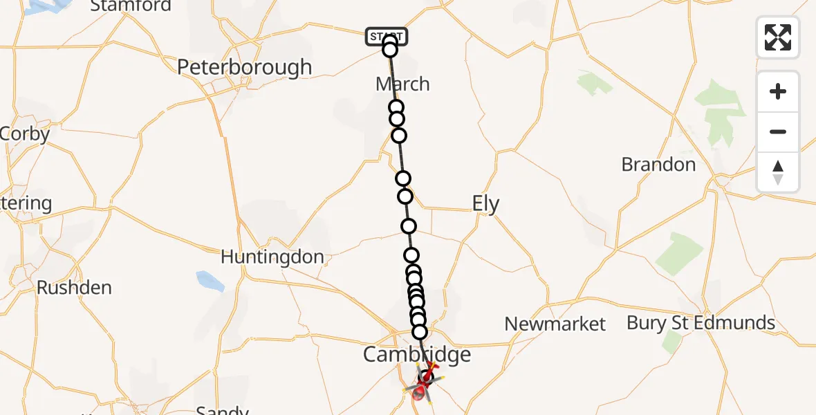 Flight route Air Ambulance Helicopter Guyhirn - Papworth Hospital, 30 September 2026, 18:24