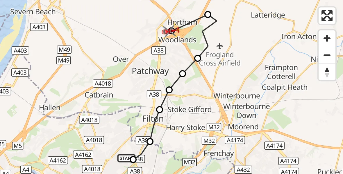 Flight route Air Ambulance Helicopter Southmead Hospital - Almondsbury Helicopter Base, 30 September 2026, 18:27