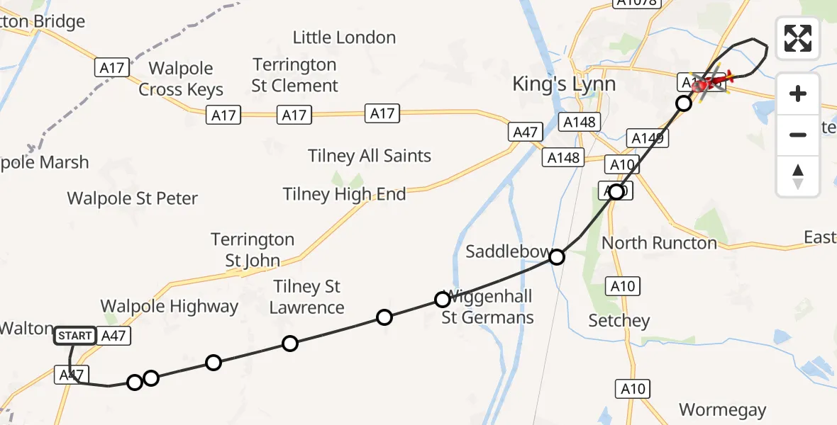 Flight route Air Ambulance Helicopter West Walton - King's Lynn and West Norfolk, 30 September 2026, 18:38