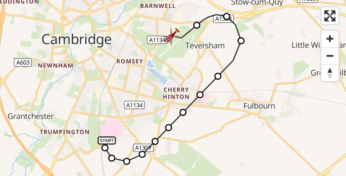 Flight route Air Ambulance Helicopter Papworth Hospital - Cambridge City Airport, 30 September 2026, 19:00