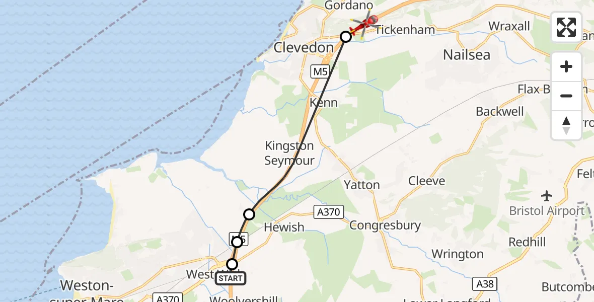 Flight route Air Ambulance Helicopter Woolvers Hill - Clevedon, 30 September 2026, 19:14