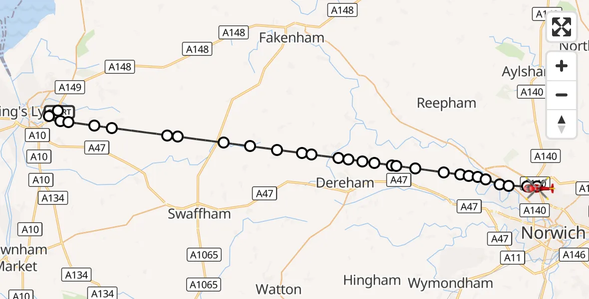 Flight route Air Ambulance Helicopter Queen Elizabeth Hospital - Norwich Airport, 30 September 2026, 19:23