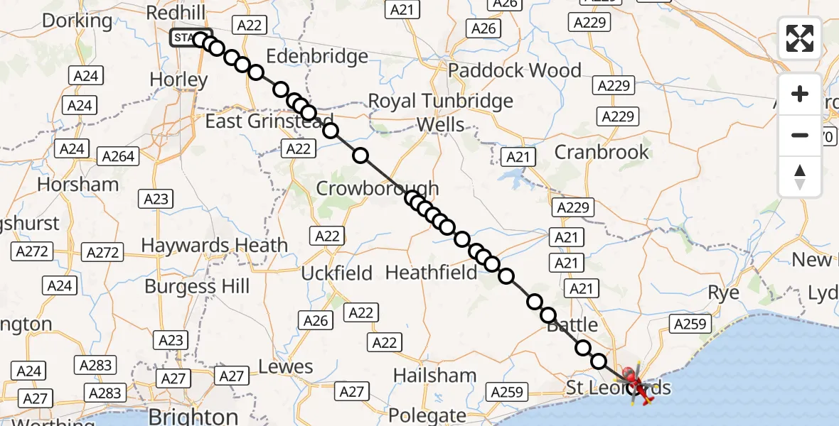 Flight route Air Ambulance Helicopter Redhill Aerodrome - English Channel, 30 September 2026, 19:53