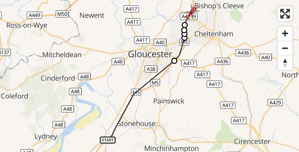 Flight route Air Ambulance Helicopter Stroud - Tewkesbury, 30 September 2026, 19:54