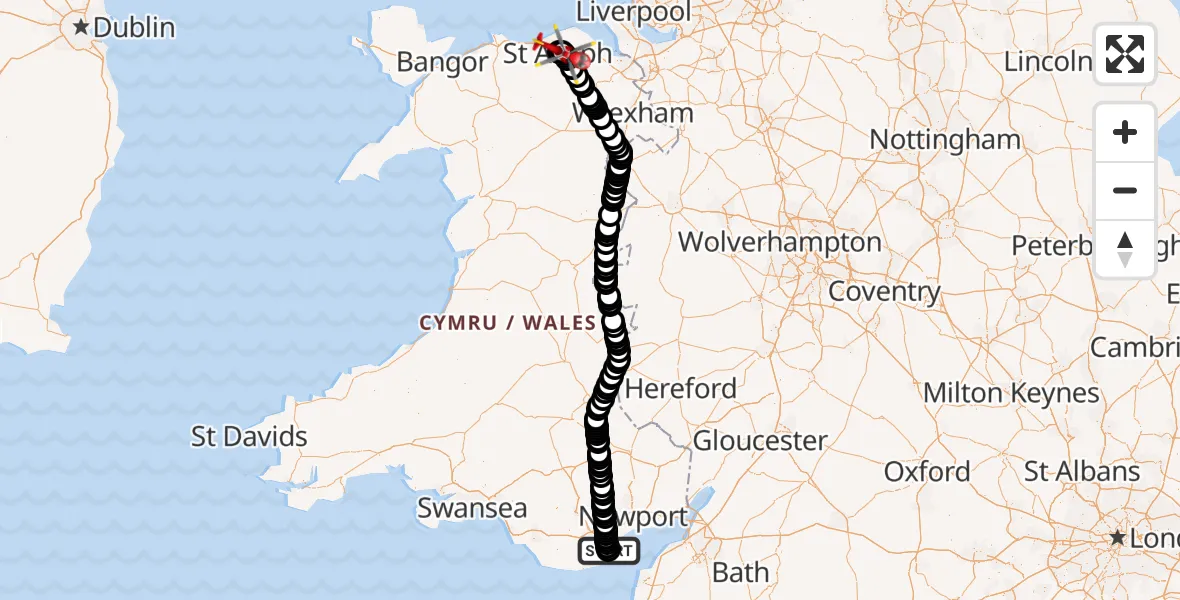 Flight route Air Ambulance Helicopter Cardiff Heliport - St Asaph, 30 September 2026, 20:03