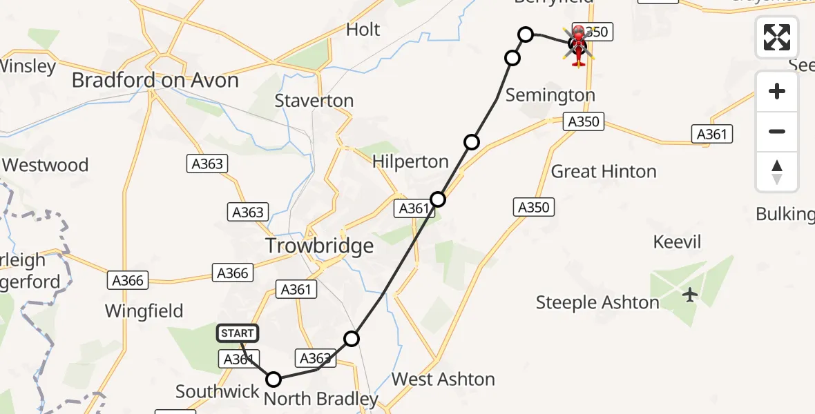 Flight route Air Ambulance Helicopter Southwick - Wiltshire Air Ambulance, 30 September 2026, 20:06