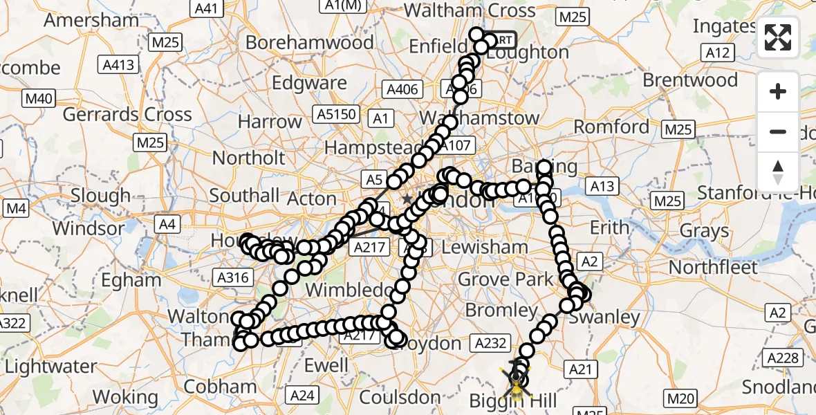 Flight route Police Helicopter Sewardstonebury - London Biggin Hill Airport, 30 September 2026, 20:11