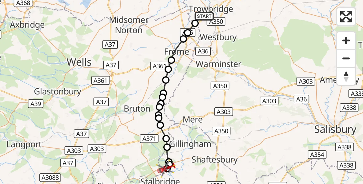 Flight route Air Ambulance Helicopter Southwick - Henstridge Airfield, 30 September 2026, 20:19