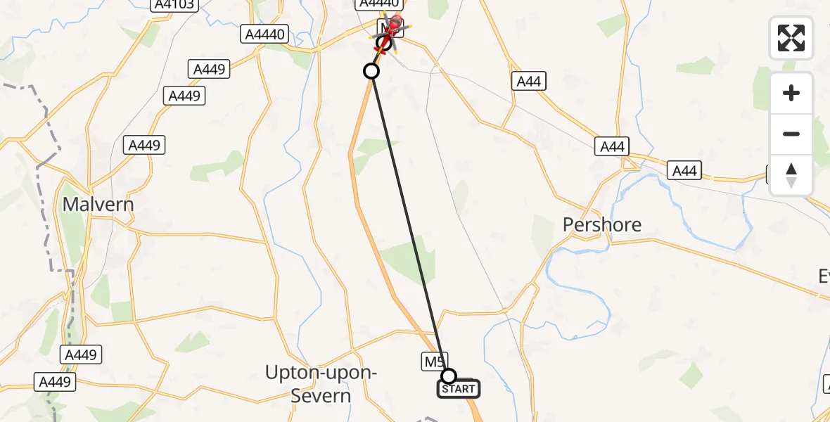 Flight route Air Ambulance Helicopter Upper Strensham - Wychavon, 30 September 2026, 20:46