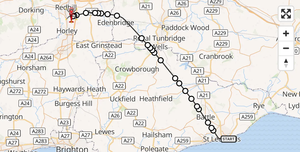 Flight route Air Ambulance Helicopter St Leonards - Redhill Aerodrome, 30 September 2026, 21:19