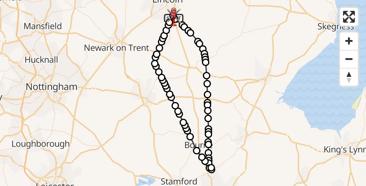 Flight route Air Ambulance Helicopter RAF Waddington - North Kesteven, 30 September 2026, 21:24