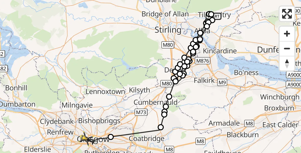Flight route Police Helicopter Tillicoultry - Glasgow, 30 September 2026, 21:36