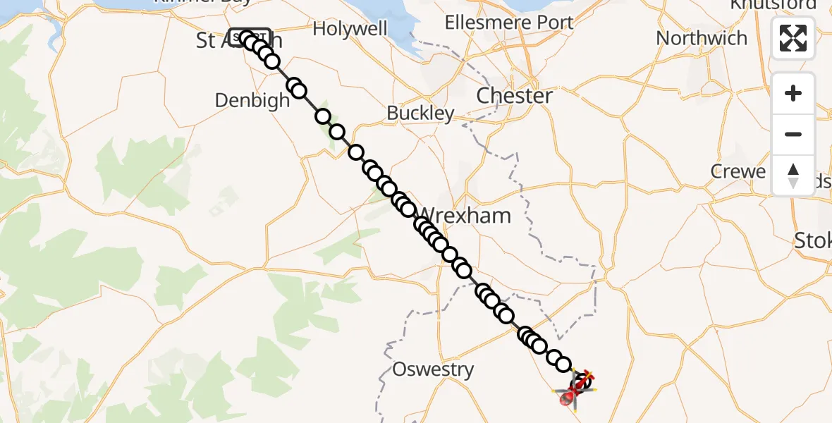 Flight route Air Ambulance Helicopter St Asaph - Sleap Airfield, 30 September 2026, 21:44