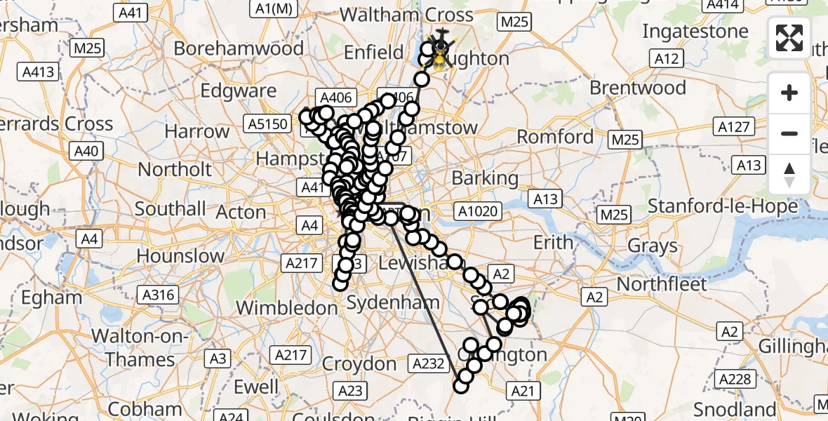 Flight route Police Helicopter Wapping - Metropolitan Police Air Support Unit Lippitts Hill, 30 September 2026, 21:56