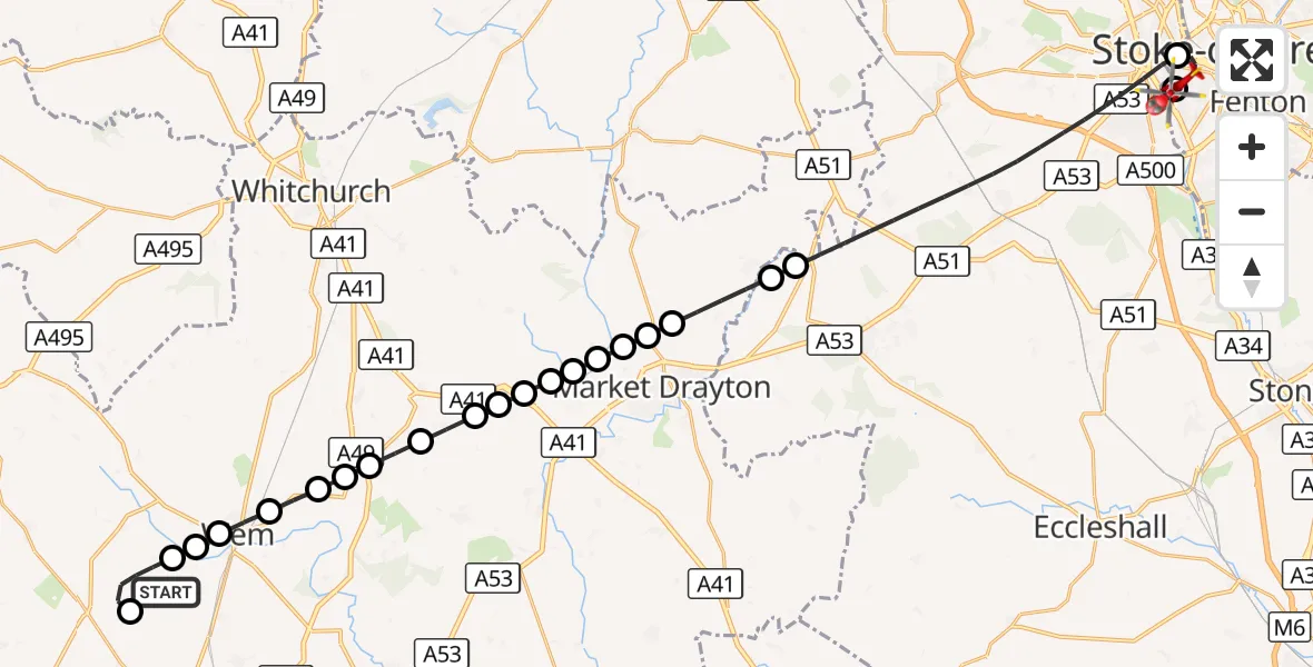 Flight route Air Ambulance Helicopter Sleap Airfield - University Hospital North Staffs, 30 September 2026, 22:27