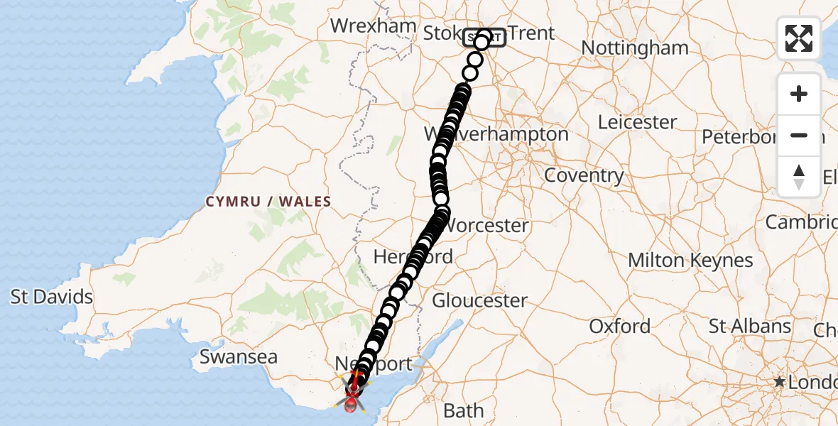 Flight route Air Ambulance Helicopter University Hospital North Staffs - Cardiff Heliport, 30 September 2026, 23:01