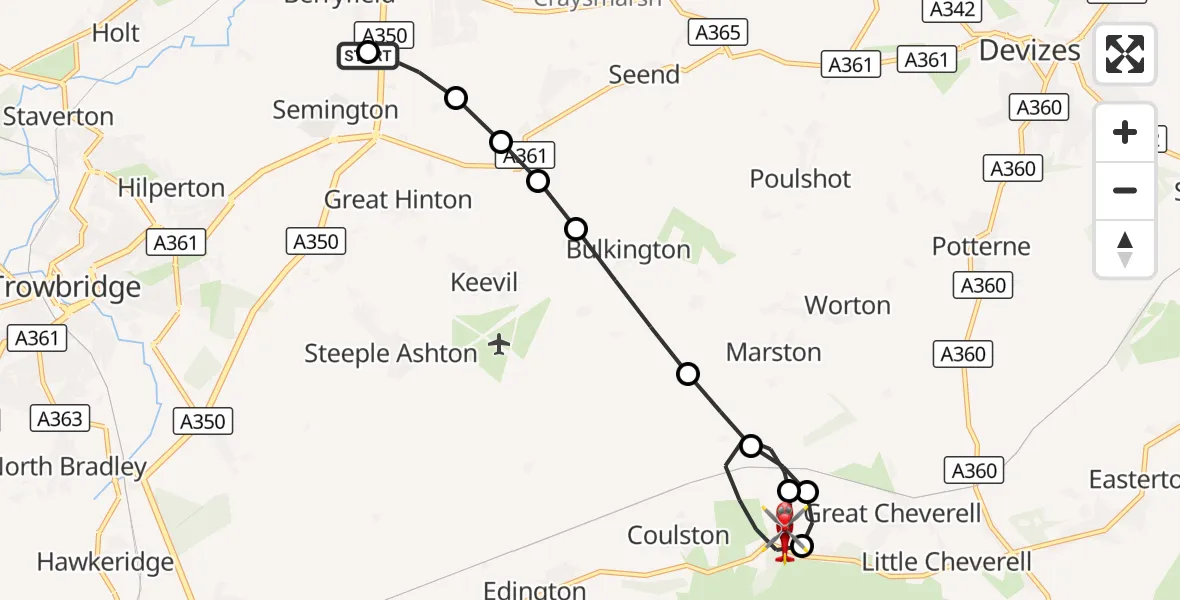 Flight route Air Ambulance Helicopter Wiltshire Air Ambulance - Great Cheverell, 30 September 2026, 23:03