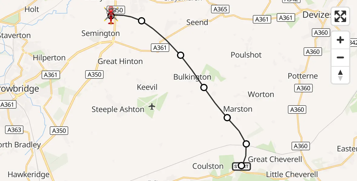 Flight route Air Ambulance Helicopter Erlestoke - Wiltshire Air Ambulance, 30 September 2026, 23:55