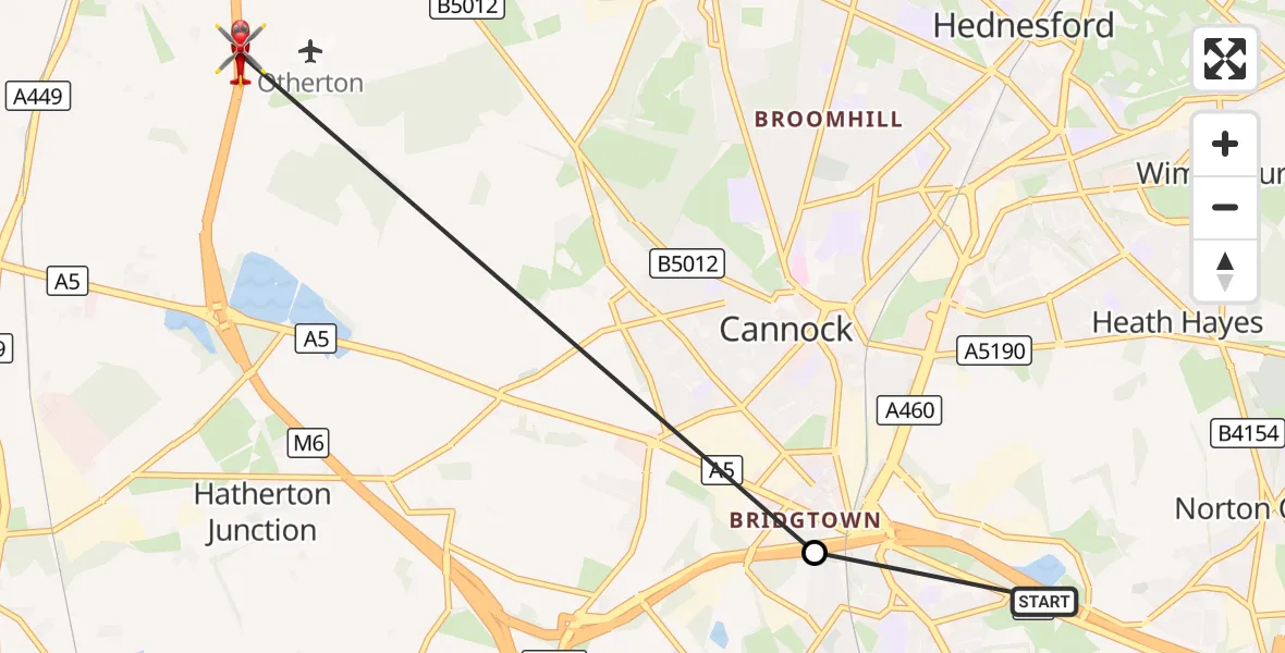 Flight route Air Ambulance Helicopter Cannock - Penkridge, 01 October 2026, 00:55