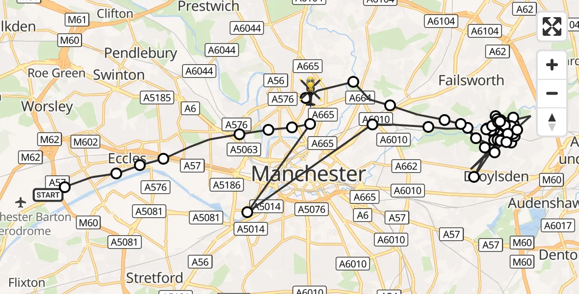 Flight route Police Helicopter Eccles - Cheetham Hill, 01 October 2026, 01:39