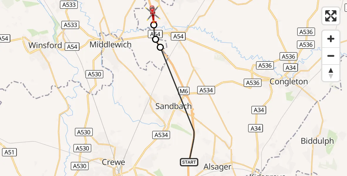 Flight route Air Ambulance Helicopter Hassall Green - Swan Green, 01 October 2026, 01:44