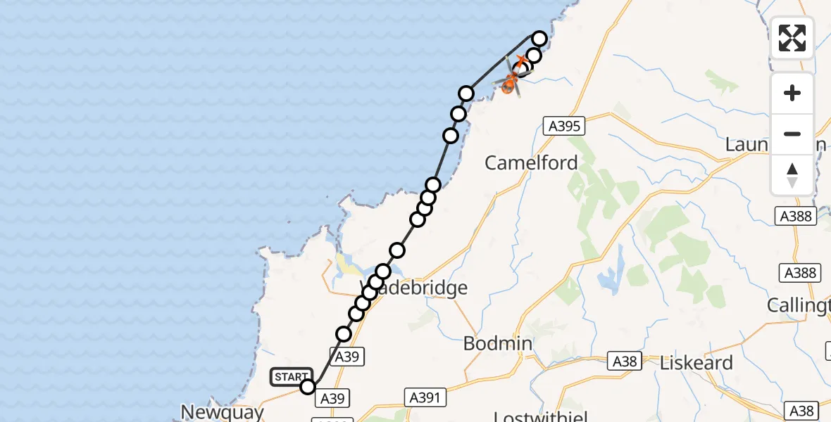 Flight route Coastguard Helicopter Cornwall Airport Newquay - Boscastle, 01 October 2026, 01:49