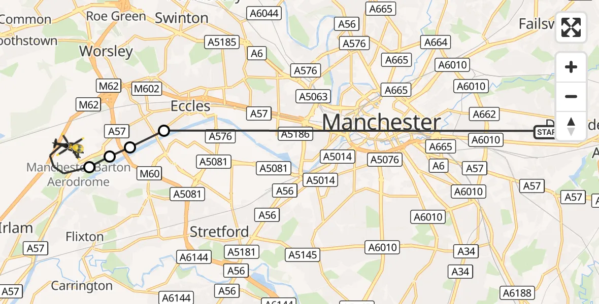 Flight route Police Helicopter Droylsden - Irlam, 01 October 2026, 02:03