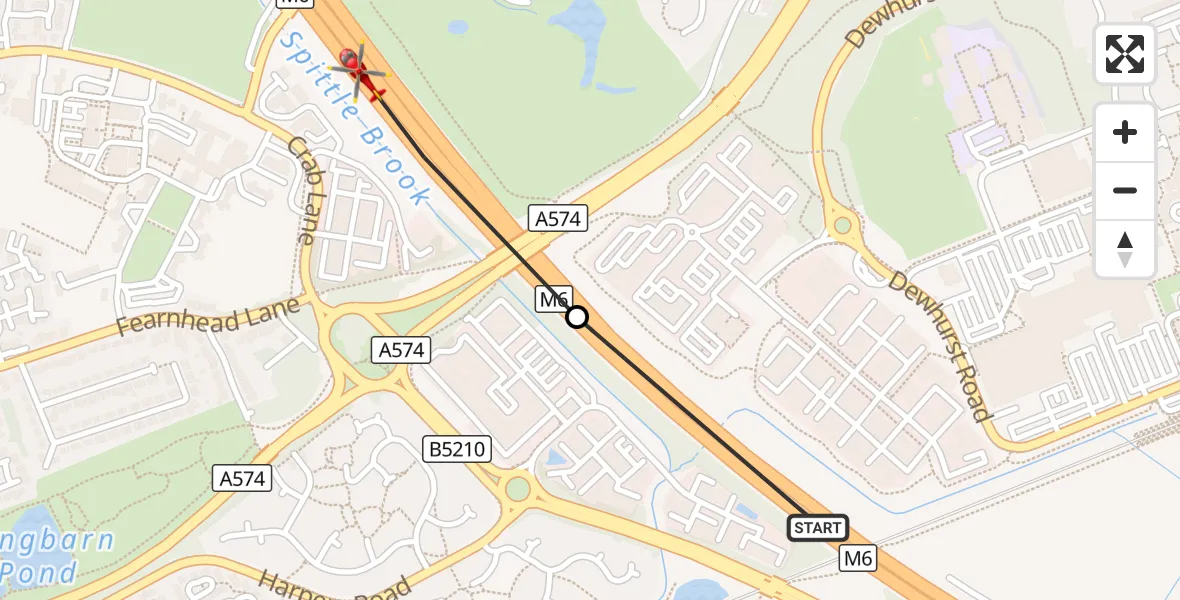 Flight route Air Ambulance Helicopter Poulton-with-Fearnhead - Birchwood, 01 October 2026, 02:11