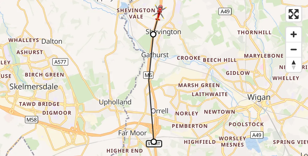 Flight route Air Ambulance Helicopter Wigan - Wigan, 01 October 2026, 02:24