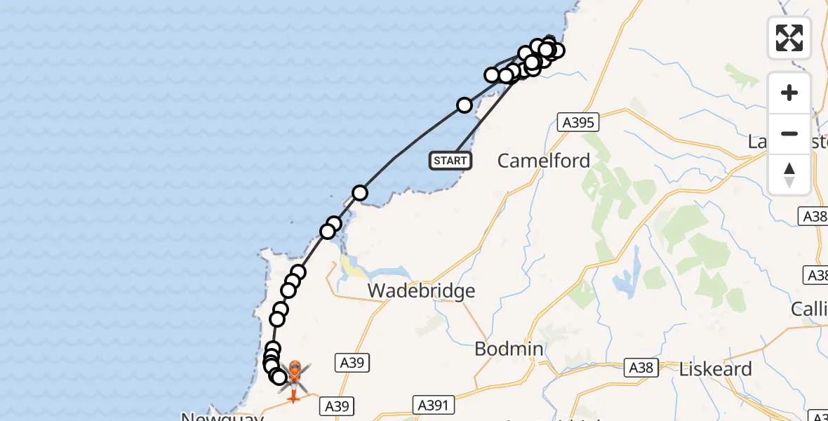 Flight route Coastguard Helicopter Bristol Channel - Cornwall Airport Newquay, 01 October 2026, 02:29