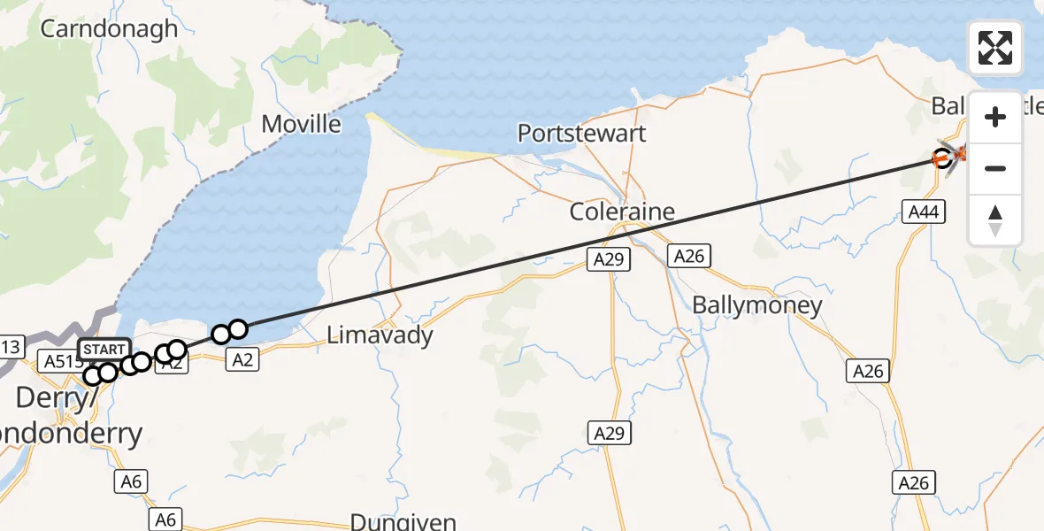 Flight route Coastguard Helicopter Lough Foyle - Ballycastle, 01 October 2026, 05:03