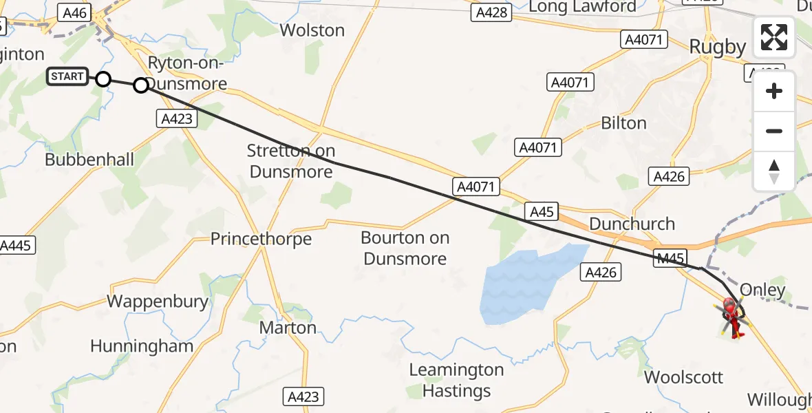 Flight route Air Ambulance Helicopter Coventry Airport - Rugby, 01 October 2026, 06:41