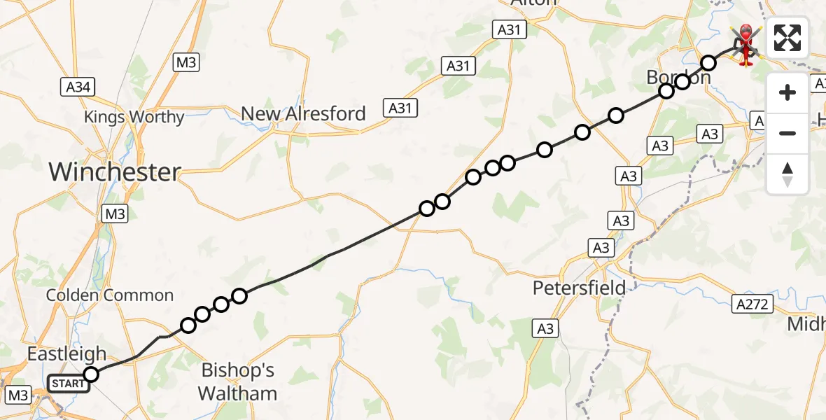 Flight route Air Ambulance Helicopter Southampton Airport - Headley, 01 October 2026, 06:51