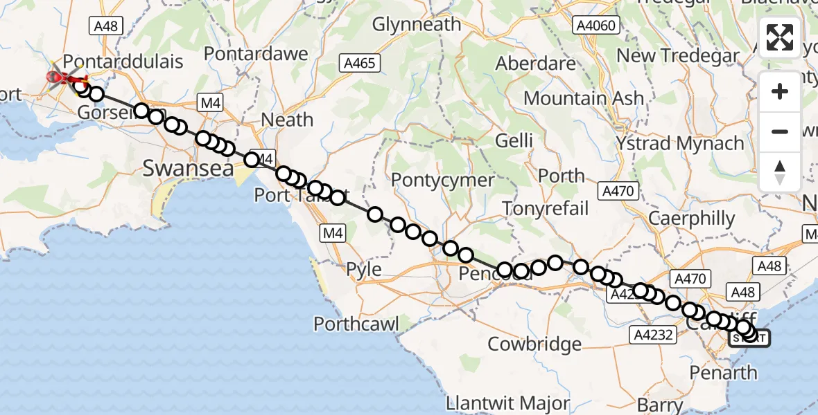 Flight route Air Ambulance Helicopter Cardiff Heliport - Dafen, 01 October 2026, 07:07