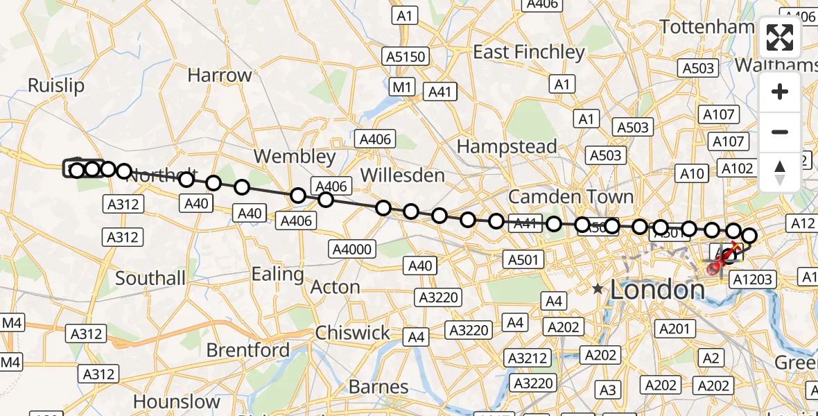 Flight route Air Ambulance Helicopter RAF Northolt - Royal London Hospital, 01 October 2026, 07:15