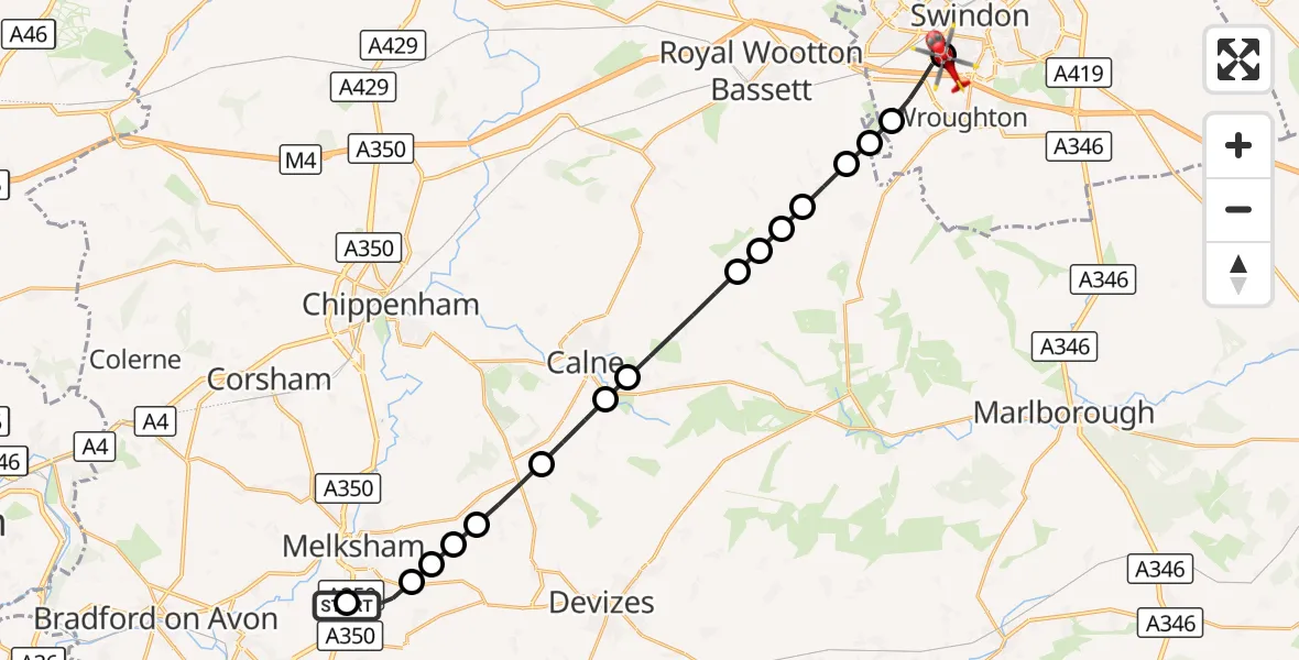 Flight route Air Ambulance Helicopter Wiltshire Air Ambulance - Swindon, 01 October 2026, 07:35