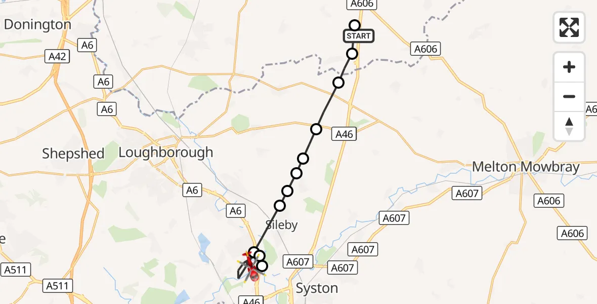 Flight route Air Ambulance Helicopter Nottingham Heliport - Rothley, 01 October 2026, 07:40
