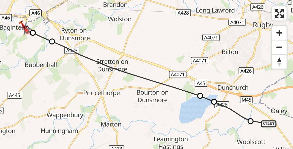 Flight route Air Ambulance Helicopter Rugby - Coventry Airport, 01 October 2026, 07:43