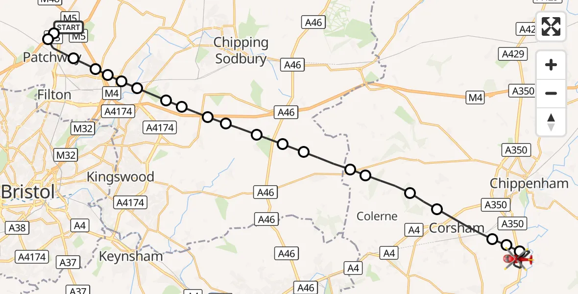 Flight route Air Ambulance Helicopter Almondsbury Helicopter Base - Lacock, 01 October 2026, 07:53