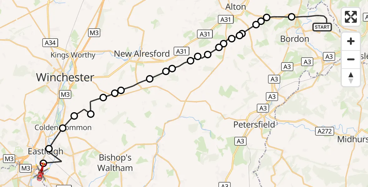 Flight route Air Ambulance Helicopter Headley - Southampton Airport, 01 October 2026, 08:07