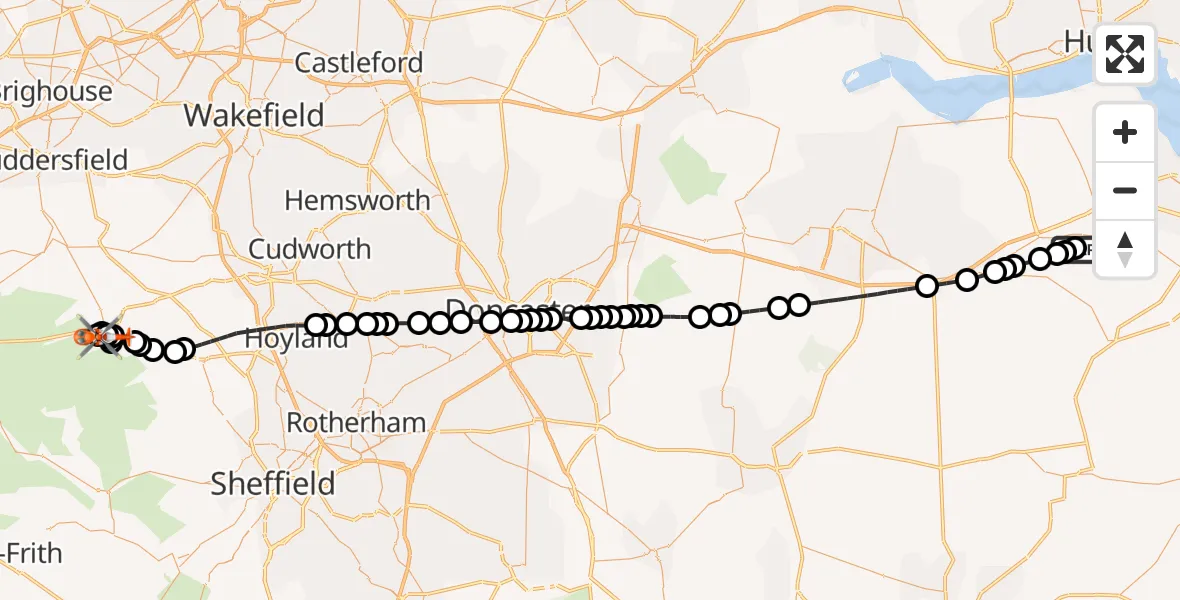 Flight route Coastguard Helicopter Humberside Airport - Barnsley, 01 October 2026, 08:29