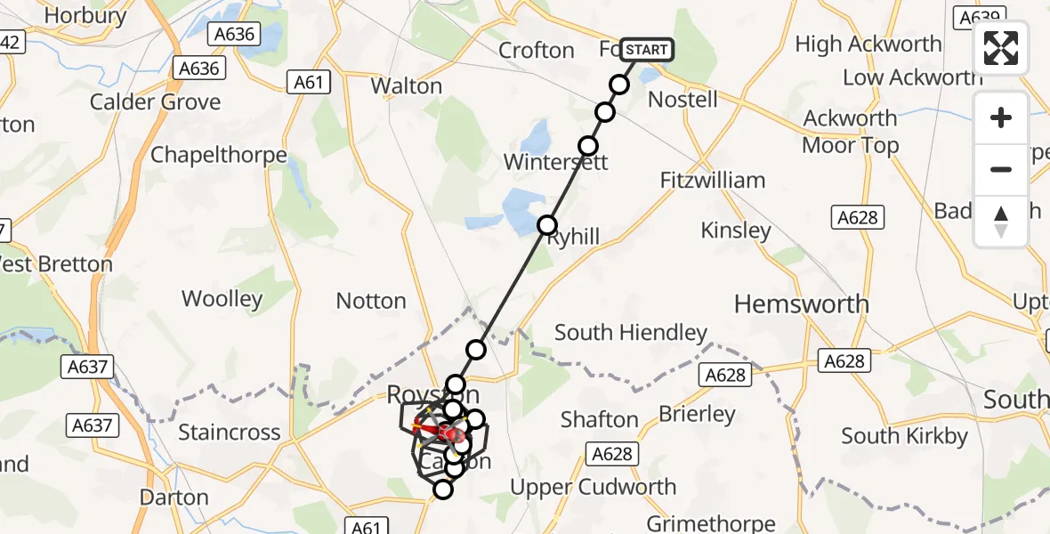 Flight route Air Ambulance Helicopter YAA Nostell Helicopter Port - Royston, 01 October 2026, 08:32