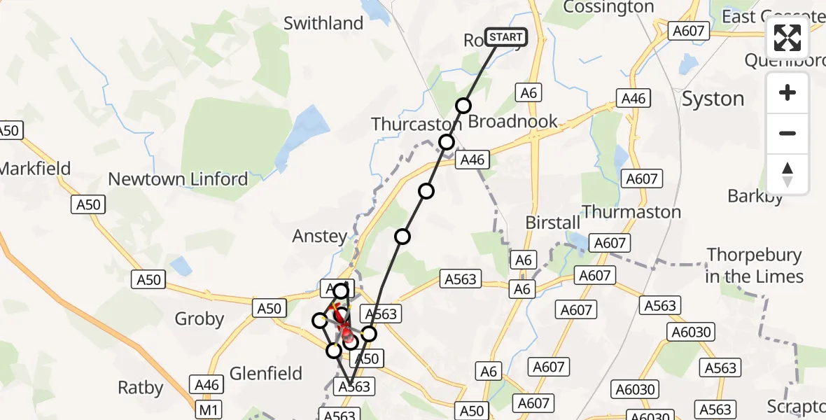 Flight route Air Ambulance Helicopter Rothley - New Parks, 01 October 2026, 08:44
