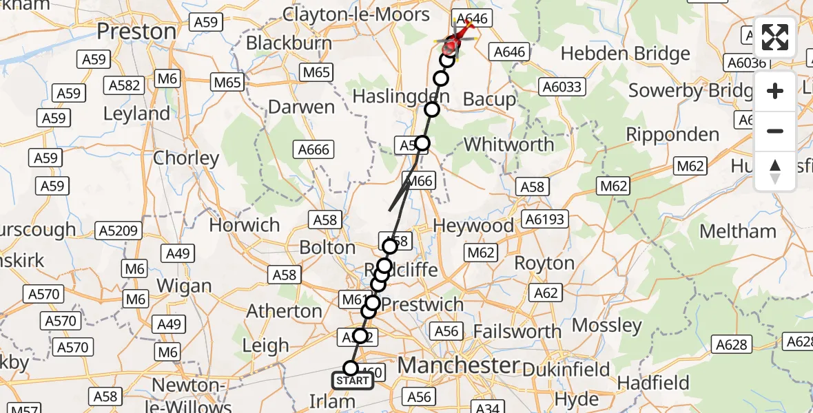 Flight route Air Ambulance Helicopter Manchester Barton Aerodrome - Burnley, 01 October 2026, 08:56