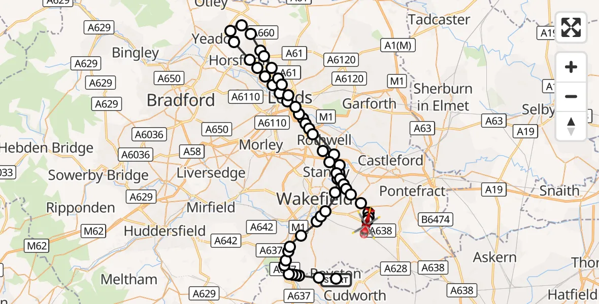 Flight route Air Ambulance Helicopter Royston - YAA Nostell Helicopter Port, 01 October 2026, 09:00